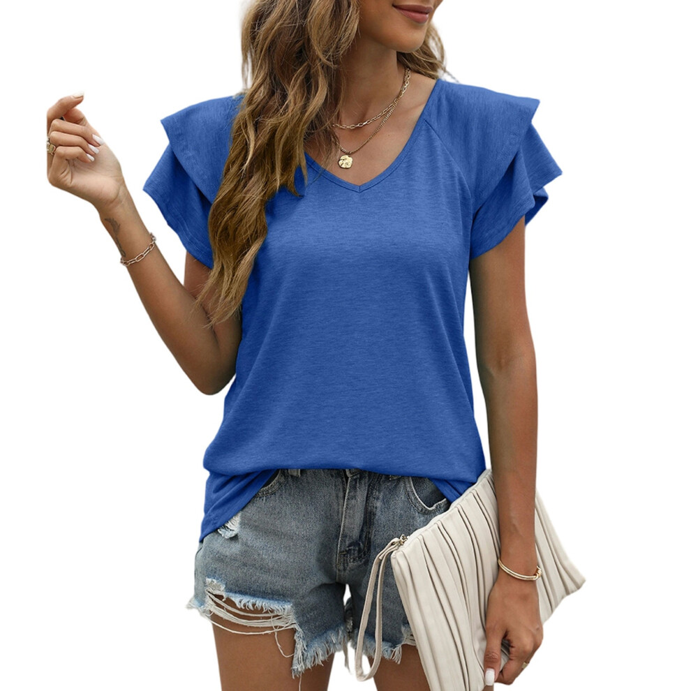 Women's T-Shirts, Short Sleeve, Ruffled, V-Neck,-Cailan XXL