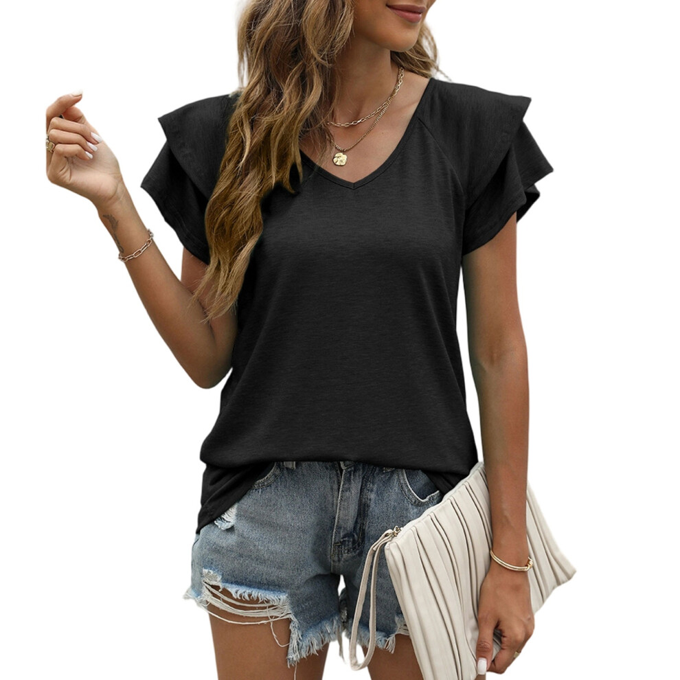 Black Women's T-Shirts, Short Sleeve, Ruffled, V-Neck,- Xxl