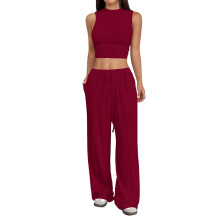 Women's two-piece casual sleeveless sportswear set-Burgundy L