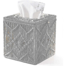 Ivory Macram Tissue Box Cover with Bead Fastening - Elegant Organiser for Tissues in UK Homes, Perfect for Bedside or Bathroom