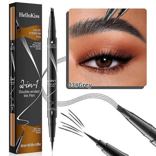 (Grey) Hellokiss Liquid Eyebrow Pen,2 in 1 Dual-ended Natural 4 Fork Tip Liquid Eyebrow