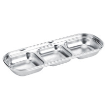 Molheira de aço inoxidável com 3 compartimentos para servir molhos individualmente, com design em grade que evita a mistura dos sabores, ideal para