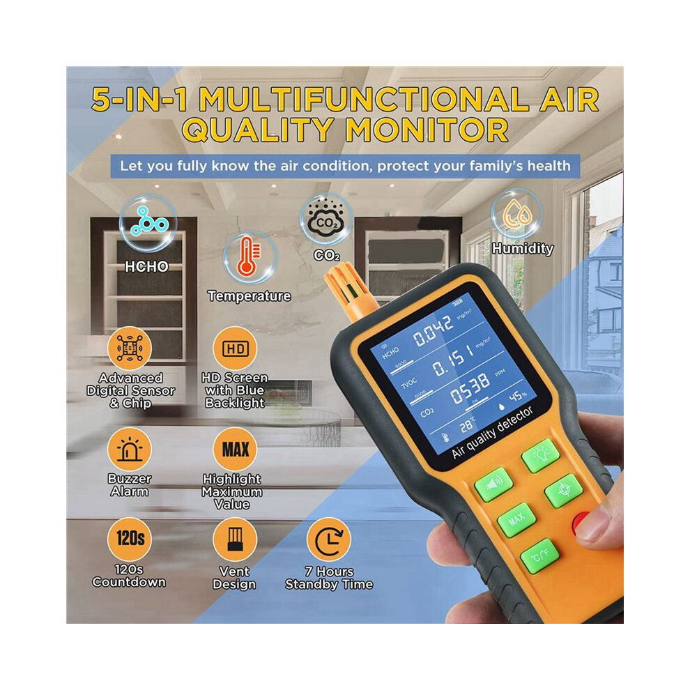 2X Air Quality Monitor Co2 Monitor Formaldehyde Detector Tvoc/Temp./Humidity Indoor With Buzzer Prompt,Backlit Screen 6032687716015