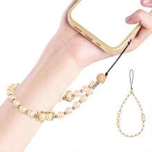 (Champagne Gold) Multipurpose Beaded Phone Strap Adjustable Wrist Lanyard Featuring Strong Rope & Pearls Detailing for Smartphone Use grey