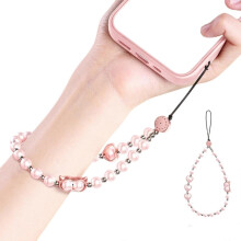 (Rose Gold) Multipurpose Beaded Phone Strap Adjustable Wrist Lanyard Featuring Strong Rope & Pearls Detailing for Smartphone Use grey