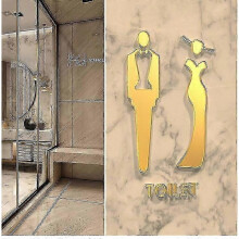 Self-adhesive acrylic toilet signs for Ladies and Gentlemen, gold finish ideal for UK hotels, offices, and restaurants.