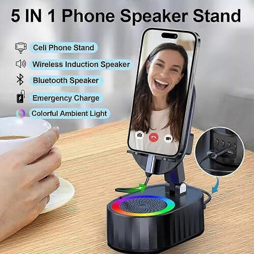 (White) Wireless Induction Audio Bluetooth Speaker 5 in 1 Phone Holder 1