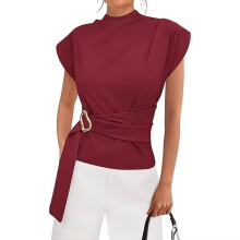 Elegant Ladies Blouse With Decorative Metal Buckled-Burgundy L