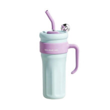 (blue) Large Capacity Thermos Cup Stainless Steel Heat Preservation Cold 1250ml Water Bottle With Straw Handle
