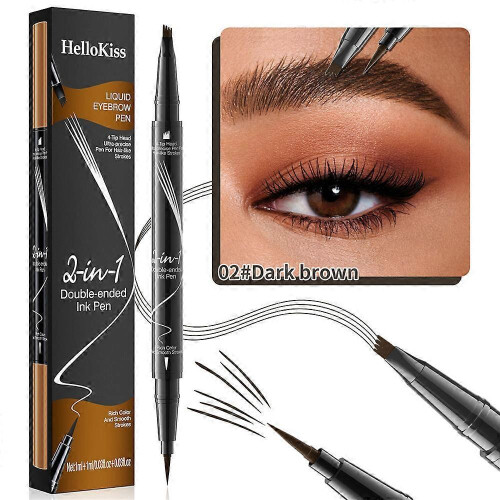(Dark brown)Hellokiss Liquid Eyebrow Pen,2 in 1 Dual-ended Natural 4 Fork Tip Liquid Eyebrow
