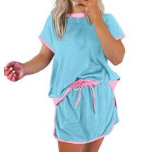 Women's Color Block Short Sleeve T-Shirt And Skort-Sky Blue XL