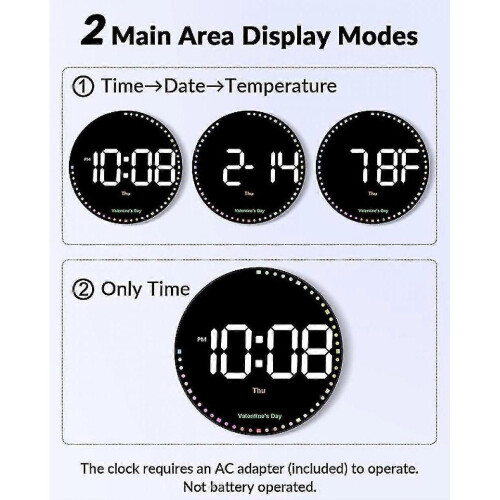 Digital Wall Clock with Colorful Dynamic Light, 10" Led Digital Clock Large Display, Auto Brightness,with Time,date,temp,week,dst,timer, Remote - DD 2