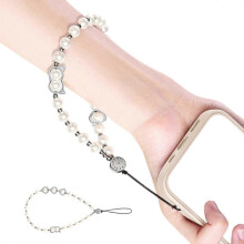 (White) Multipurpose Beaded Phone Strap Adjustable Wrist Lanyard Featuring Strong Rope & Pearls Detailing for Smartphone Use grey