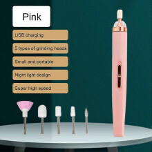 (pink) Mini USB Electric Nail Grinder 5 In 1 Nail Polishing Machine Nail File With Light Portable Mini Electric Manicure Art