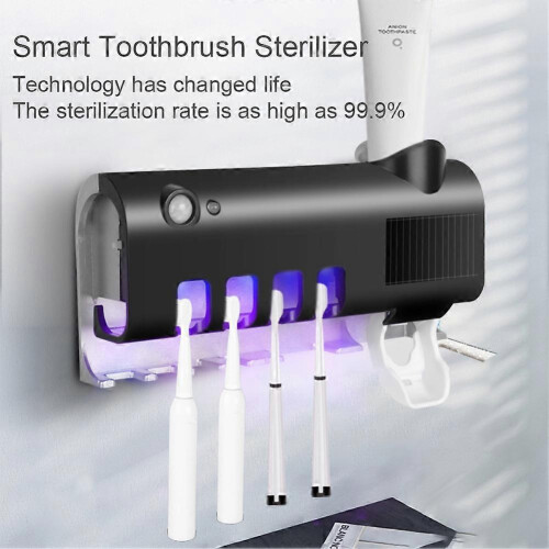 (Button model, black) UV Light Sterilizer Toothbrush Holder Cleaner & Automatic Toothpaste Dispenser& towel Sterilizer 2