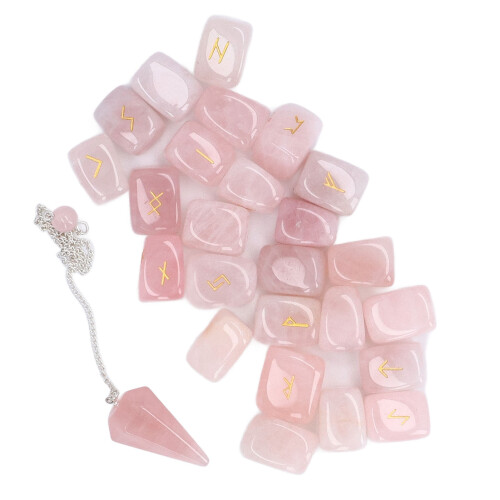 25pcs Pink Crystal Rune Stones Set + Pendulum Bag 1