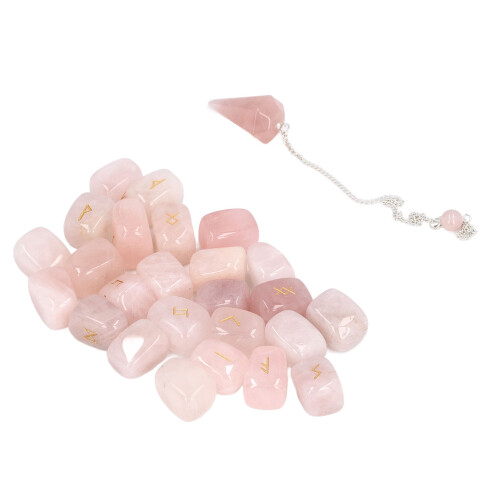 25pcs Pink Crystal Rune Stones Set + Pendulum Bag 2