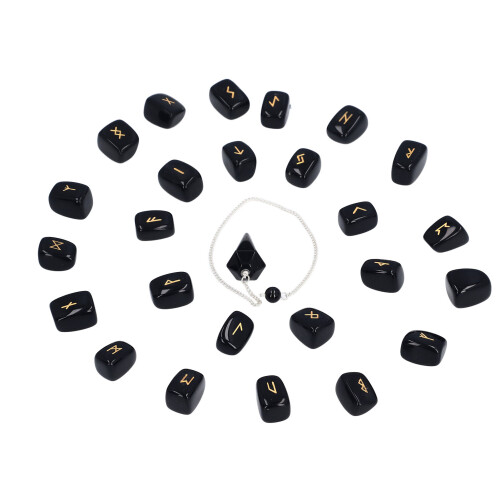 25pcs Obsidian Crystal Rune Stones Set Pendulum 1