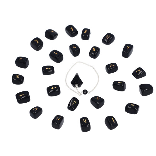 25pcs Obsidian Crystal Rune Stones Set Pendulum 2