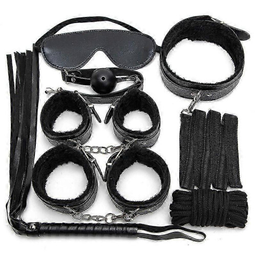 7pcs/set Leather Bodaged Kit Adlt Explay Hndcffs/whps/ball Gg/rope/collr Bdm
