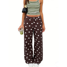 (XL, Reddish Brown) Women Wide Leg Denim Pants Casual Retro Cute Dotted Loose Jeans Trousers for Work Office Streetwear