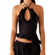 (S, Black) Débardeur dos nu à volants et bretelles croisées pour femme, idéal pour les soirées en boîte.