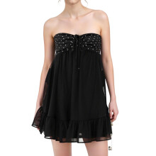 (S, Black) Robe courte à épaules dénudées pour femme, sans manches, à volants, idéale pour les soirées et les clubs.