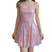 (L, Pink) Robe mini trapèze sans manches à sequins brillants, idéale pour cocktail ou look streetwear.