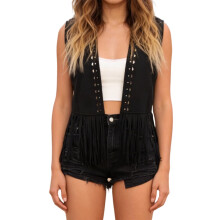 (XL, Black) Chaleco vintage sin mangas para mujer, con borlas y frente abierto, estilo western, ideal para citas y fotos.