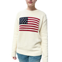 (S, White) Sweter patriotyczny damski w paski i flagę, okrągły dekolt, długi rękaw, luźny sweter na 4 lipca