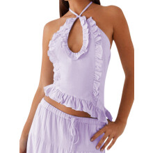 (L, Purple) Débardeur dos nu à volants et bretelles croisées pour femme, idéal pour les soirées en boîte.
