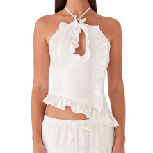 (L, White) Débardeur dos nu à volants et bretelles croisées pour femme, idéal pour les soirées en boîte.