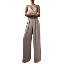 (XL, Pink) Combinaison sans manches femme plissée, taille haute, jambes larges, unie, été