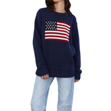 (S, Navy Blue) Women's Patriotic Sweater Stars Stripe Flag Print Round Neck Long Sleeve Pullovers 4th of July Loose Casual Knit Jumpers
