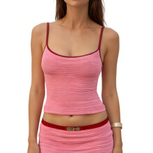 (L, Pink) Débardeurs rayés en maille pour femmes, été tendance, sans manches, col rond, coupe ajustée, camisole