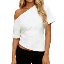 (L, White) T-shirt femme, asymétrique à manches courtes, coupe ajustée, idéal pour l'été et le quotidien.