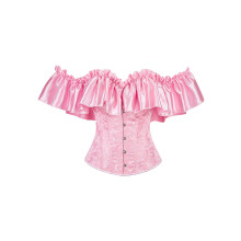 (XL, Pink) Corset bustier femme, dos boutonné, broderies et volants, sans bretelles, ajusté, épaules nues.