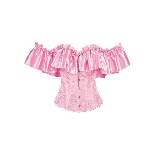 (XS, Pink) Cóirséad Bustier mBan le Cnaipe, Stíl Ghróidnithe, Ruffled, Gan Strapaí, Barr Caolfheistithe
