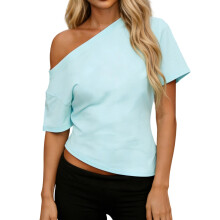 (S, Cyan) T-shirt femme, asymétrique à manches courtes, coupe ajustée, idéal pour l'été et le quotidien.