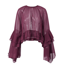 (M, Claret) Blouse transparente en mousseline pour femme, unie, manches longues volantes, style ample et streetwear