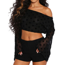 (XL, Black) Hauts à épaules dénudées pour femmes, imprimé à pois, manches longues, style streetwear été