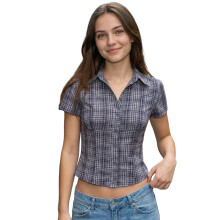 (L, Navy Blue) Chemise d'été décontractée à carreaux/pois pour femme, manches courtes, col rabattu, boutonnée