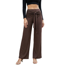 (XL, Chocolate) Pantalon large femme, élégant, uni, ceinture, taille haute, coupe ample, idéal quotidien, fêtes et vacances.