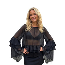 (S, Black) Blouse transparente en mousseline pour femme, unie, manches longues volantes, style ample et streetwear