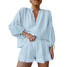 (L, Blue) Dames zomer shorts outfit shirt met lange mouwen en strik V-hals top met elastische taille 2-delige set