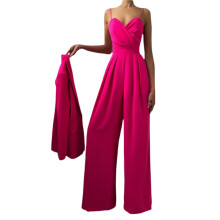 (L, Rose Red) Combinaison sans manches femme plissée, taille haute, jambes larges, unie, été