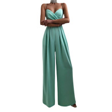 (S, Blue) Combinaison sans manches femme plissée, taille haute, jambes larges, unie, été