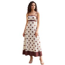 (M, Beige) Robe nuisette femme, bretelles spaghetti, imprimé à pois, robe d'été longue idéale pour cocktail.