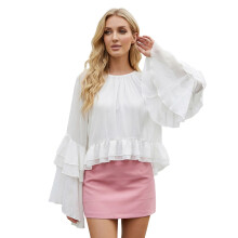 (M, White) Blouse transparente en mousseline pour femme, unie, manches longues volantes, style ample et streetwear