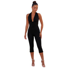 (M, Black) Damen Capri-Jumpsuit mit tiefem V-Ausschnitt, ärmellos, rückenfrei, Neckholder, figurbetont, Club-Romper